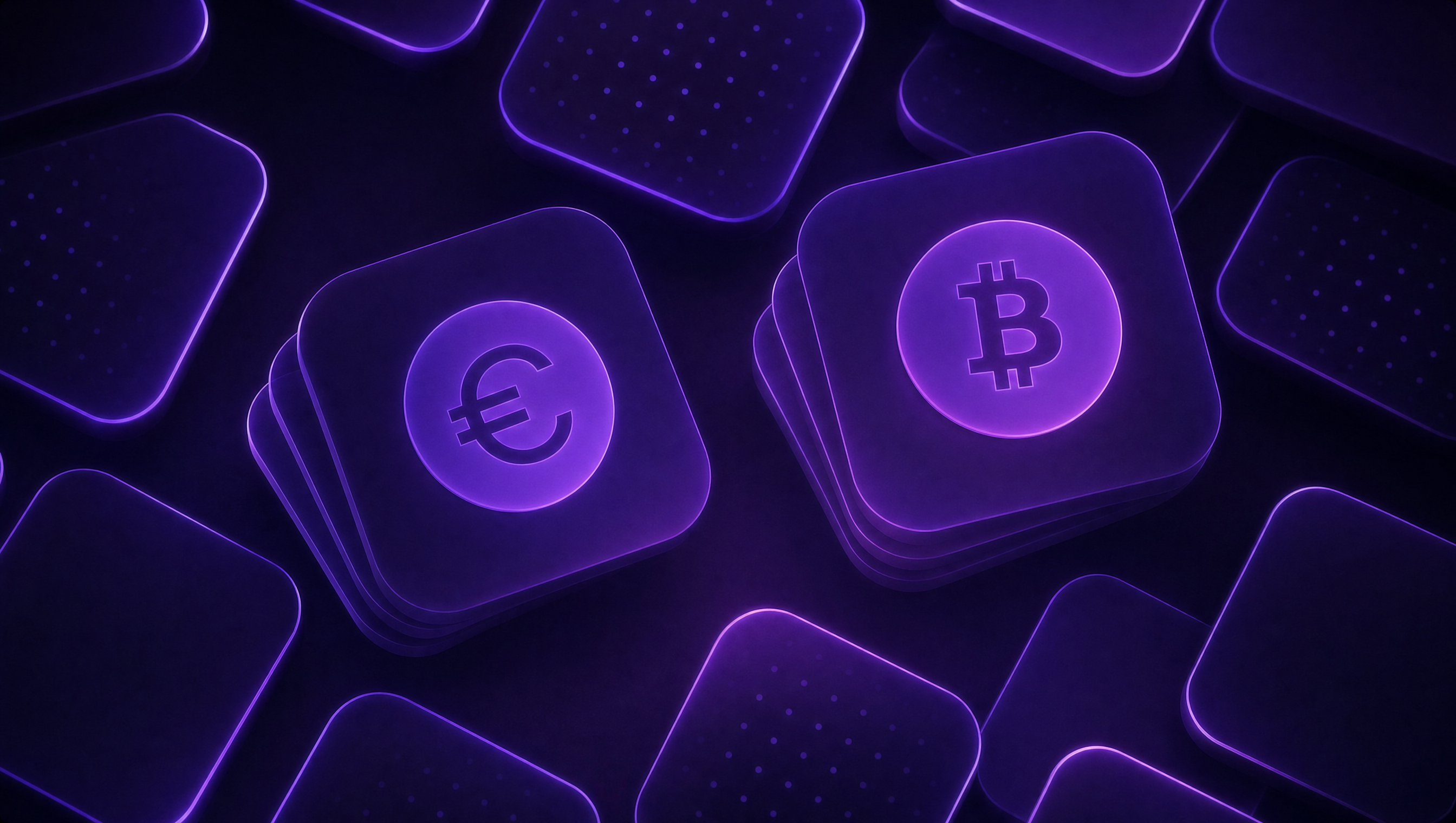 Euro, Bitcoin and other crypto-asset icons floating in 3D